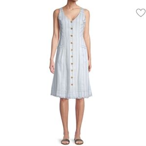 Pure Navy Button-Front A-Line Dress Women's XS White Blue Strips Retro Casual